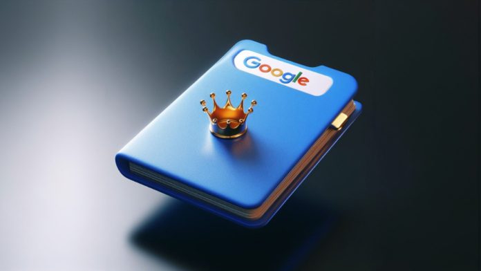 A blue colored notebook featuring Google logo floating in air with a crown placed on it to show Google Docs as the best distraction-free writing app.
